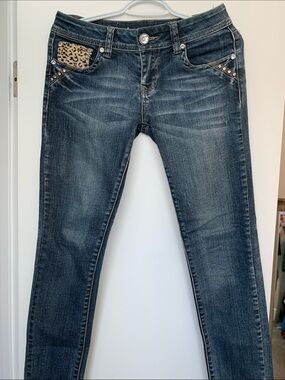 Women's Skinny Dark Blue Jeans with Leopard Pocket & Stud Details